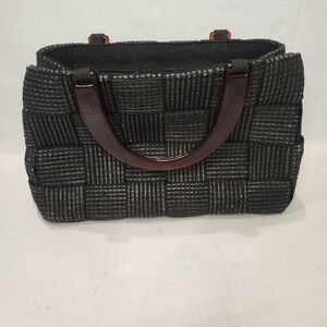 M & G Bertini Black Woven Basketweave Handbag Purse Satchel Acrylic Handle Italy